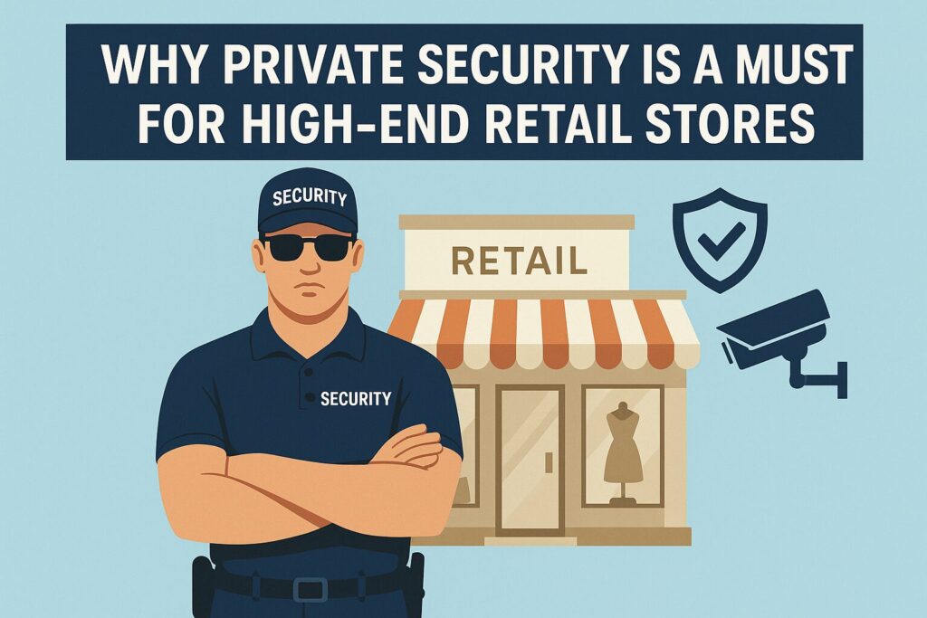 Private security guard standing at the entrance of a high-end retail store ensuring safety and protection of luxury goods and customers.