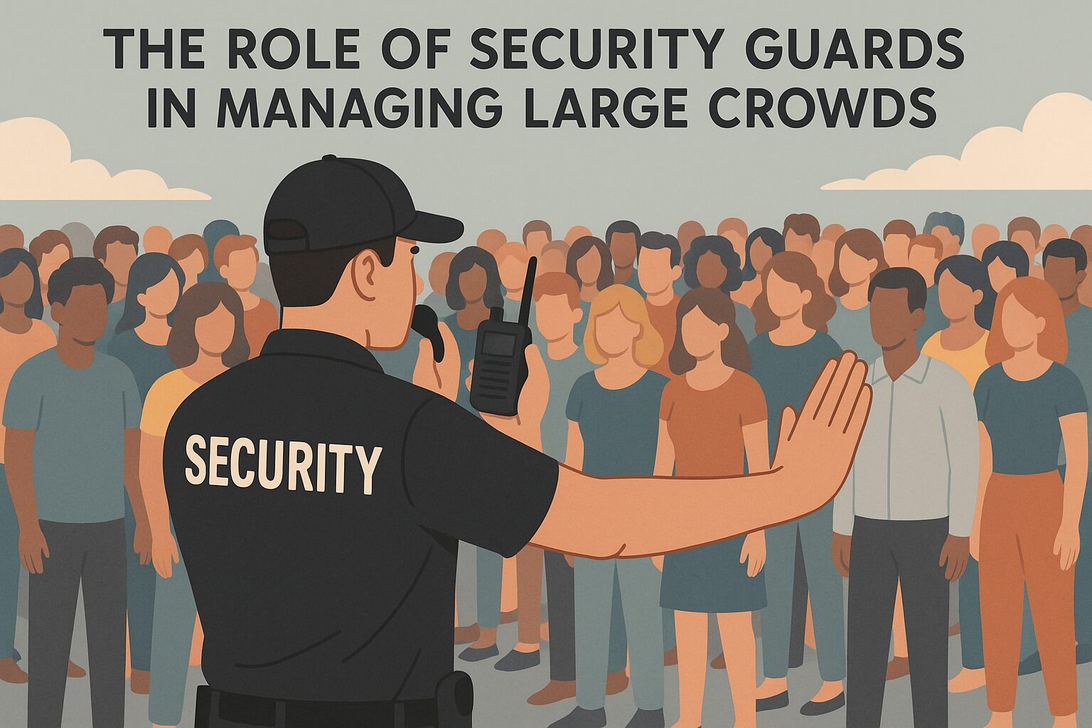 Security guard managing a large crowd by signaling with one hand to stop while using a walkie-talkie, standing in front of an audience for crowd control