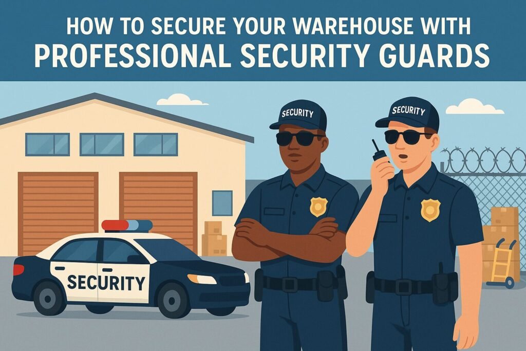 Two professional security guards in uniform, one holding a walkie-talkie, stand in front of a warehouse building and a marked security car. The image is a visual guide on How to Secure Your Warehouse with Professional Security Guards