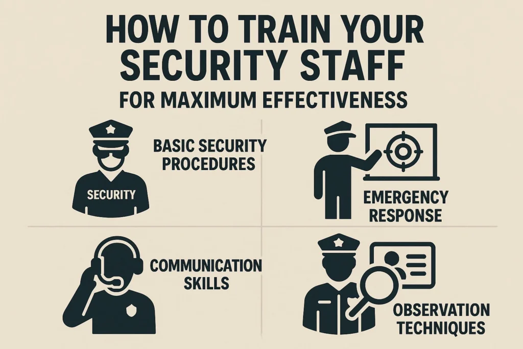 A four-panel graphic illustrating key training areas for security personnel. The four icons and text are: Basic Security Procedures, Emergency Response (guard pointing at a target), Communication Skills (guard with a headset), and Observation Techniques (guard with a magnifying glass over an ID badge). The overall title is How to Train Your Security Staff for Maximum Effectiveness.